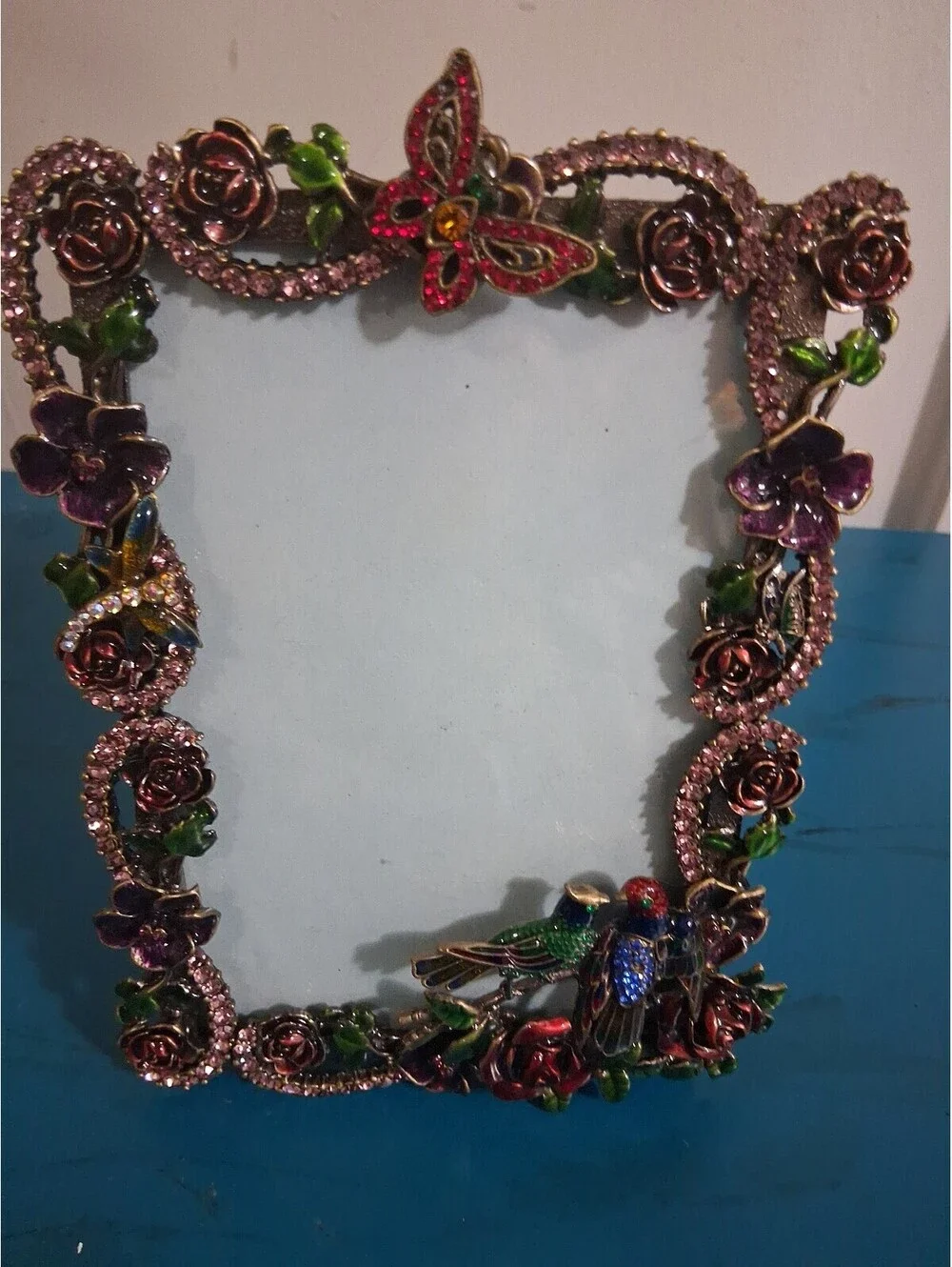 Decorative Enamel and Rhinestone Floral Picture Frame with Butterfly and Birds